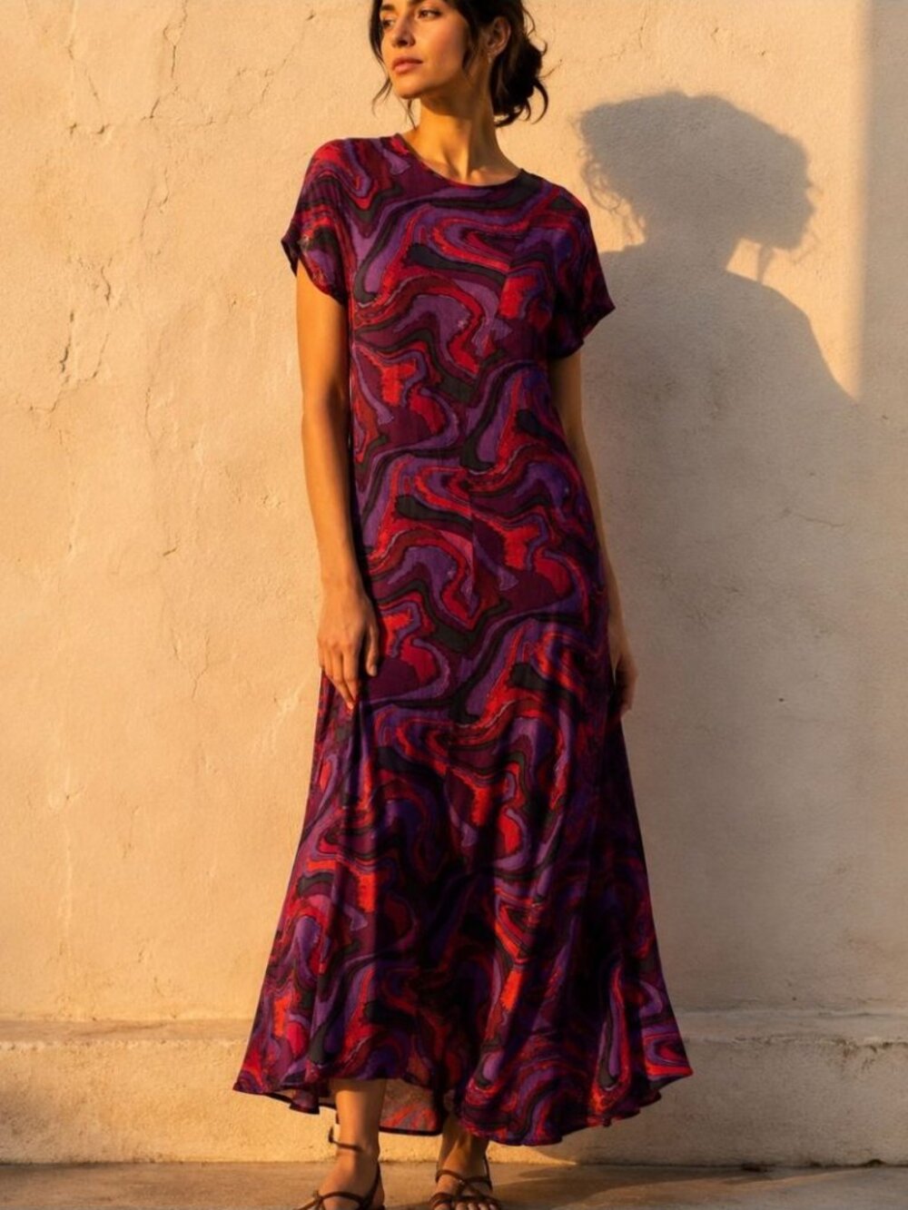 InWear Abstract Maxi Dress Purple Red EU 36 Viscose Artsy Scandinavian Luxury